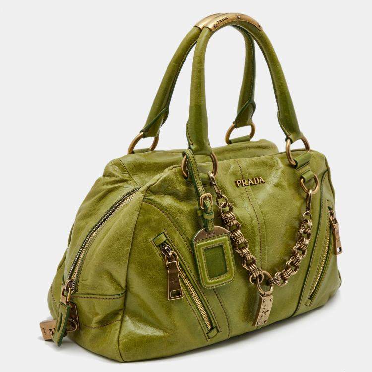 Pre Owned Prada Green Vitello Shine Leather Chain Link Bowler Bag