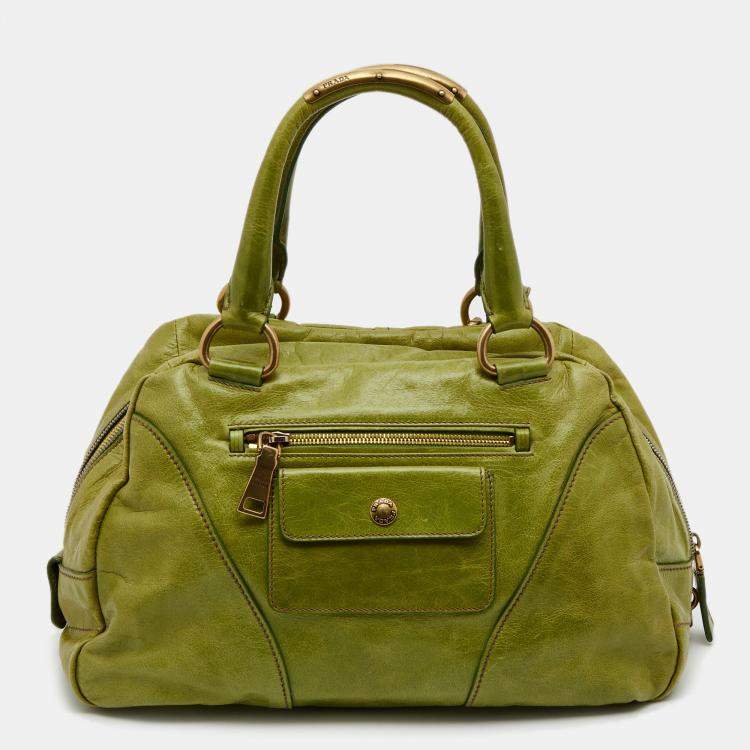 Pre Owned Prada Green Vitello Shine Leather Chain Link Bowler Bag