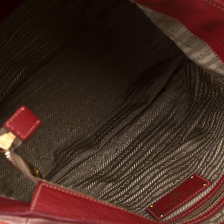 Pre Owned Prada Red Pebbled Leather Messenger Bag