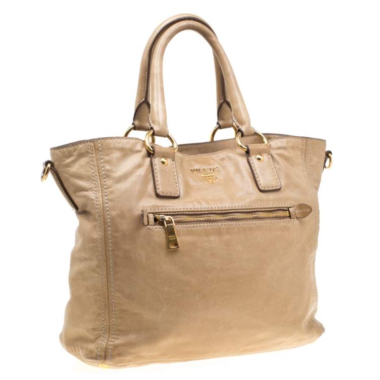 Pre Owned Prada Beige Leather Top Handle Bag