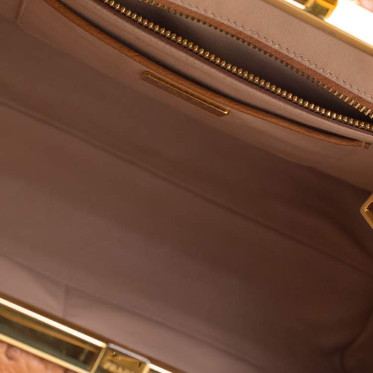 Pre Owned Prada Brown Ostrich Pyramid Frame Top Handle Bag