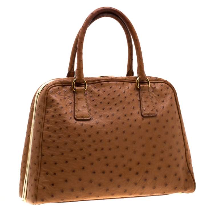 Pre Owned Prada Brown Ostrich Pyramid Frame Top Handle Bag