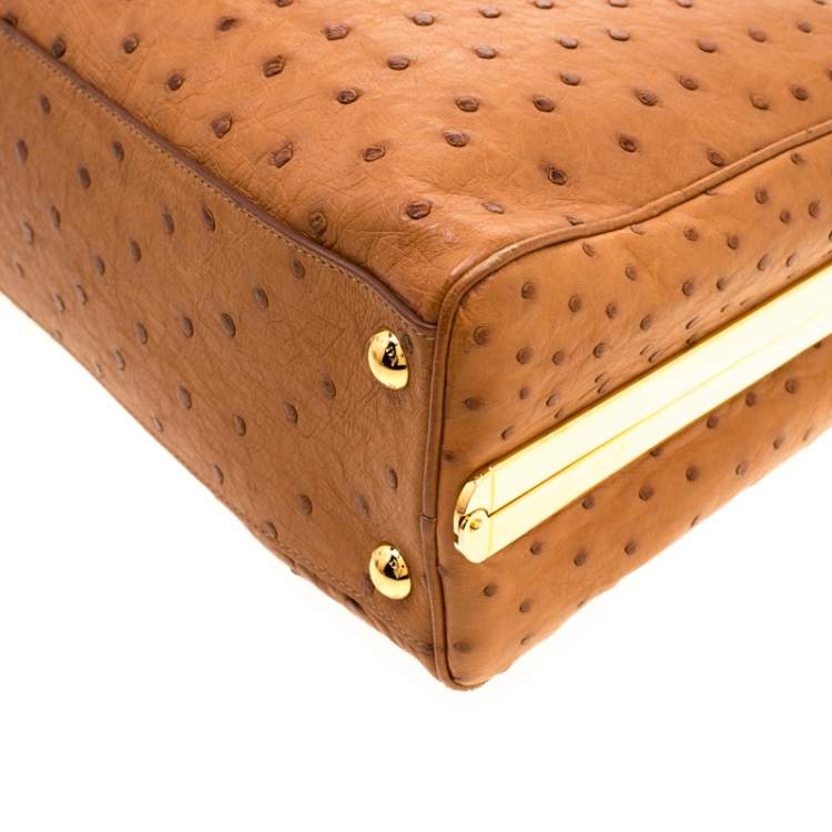 Pre Owned Prada Brown Ostrich Pyramid Frame Top Handle Bag
