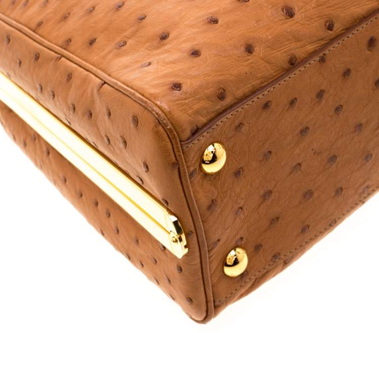 Pre Owned Prada Brown Ostrich Pyramid Frame Top Handle Bag
