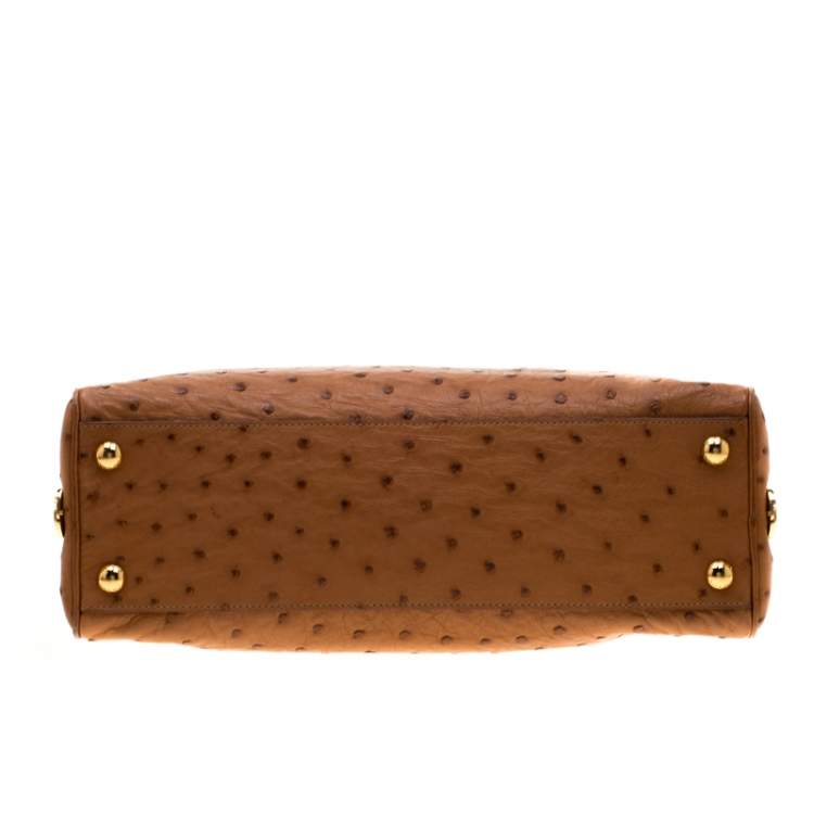 Pre Owned Prada Brown Ostrich Pyramid Frame Top Handle Bag