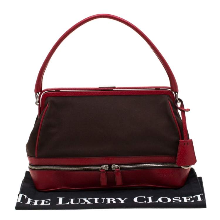 Pre Owned Prada Dark Brown/Leather Canvas and Leather Cerniera Frame Satchel 