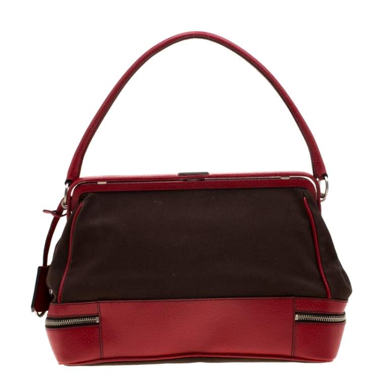 Pre Owned Prada Dark Brown/Leather Canvas and Leather Cerniera Frame Satchel 