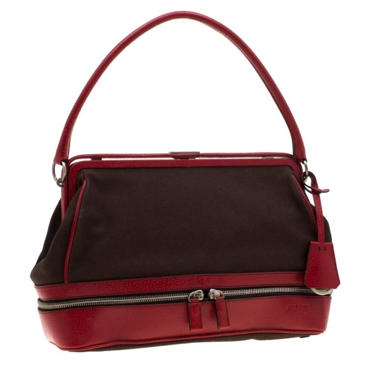 Pre Owned Prada Dark Brown/Leather Canvas and Leather Cerniera Frame Satchel 