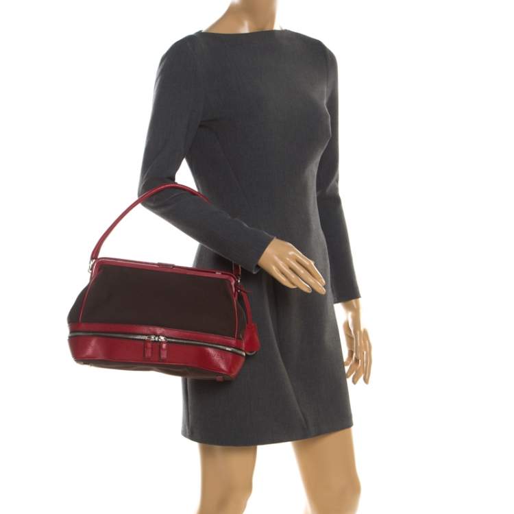 Pre Owned Prada Dark Brown/Leather Canvas and Leather Cerniera Frame Satchel 