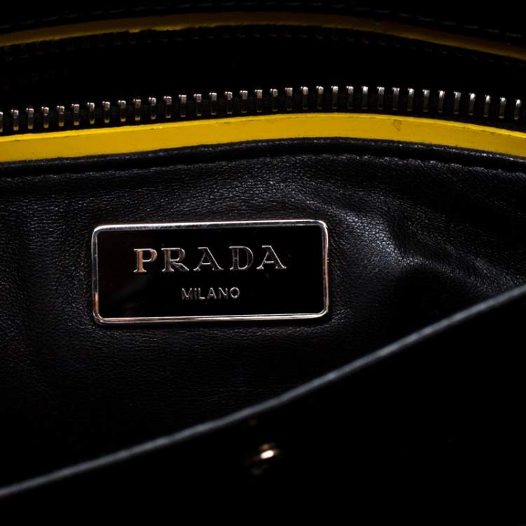 Pre Owned Prada Black/Yellow Patent Leather Top Handle Bag