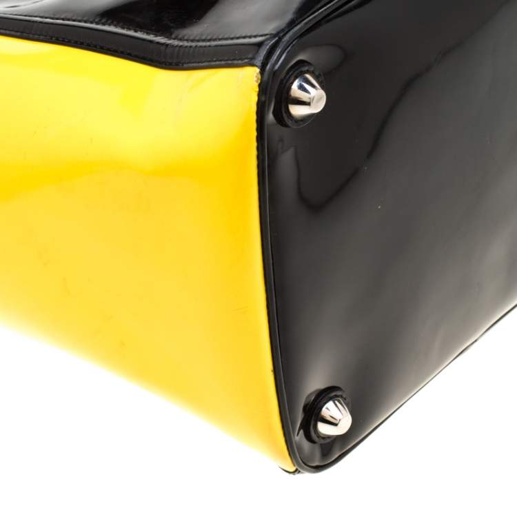 Pre Owned Prada Black/Yellow Patent Leather Top Handle Bag