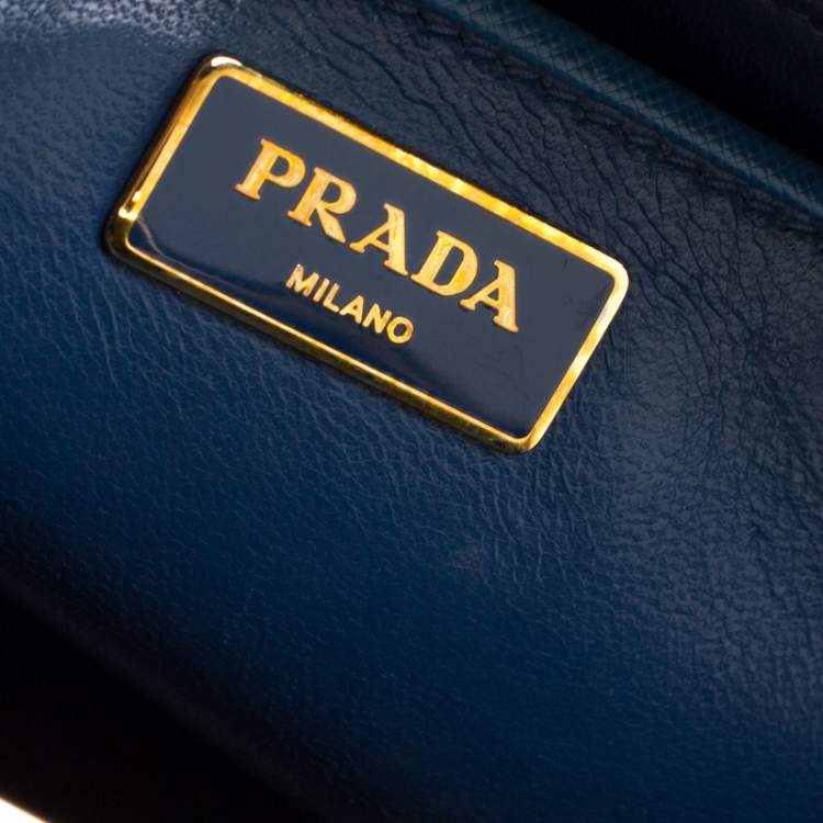 Pre Owned Prada Two Tone Blue Saffiano Leather Frame Top Handle Bag
