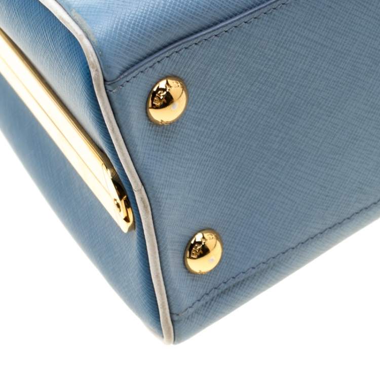 Pre Owned Prada Two Tone Blue Saffiano Leather Frame Top Handle Bag