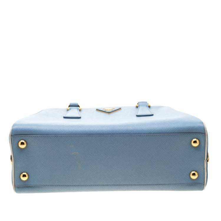 Pre Owned Prada Two Tone Blue Saffiano Leather Frame Top Handle Bag