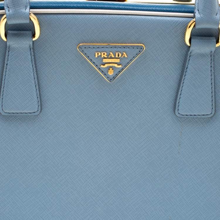 Pre Owned Prada Two Tone Blue Saffiano Leather Frame Top Handle Bag