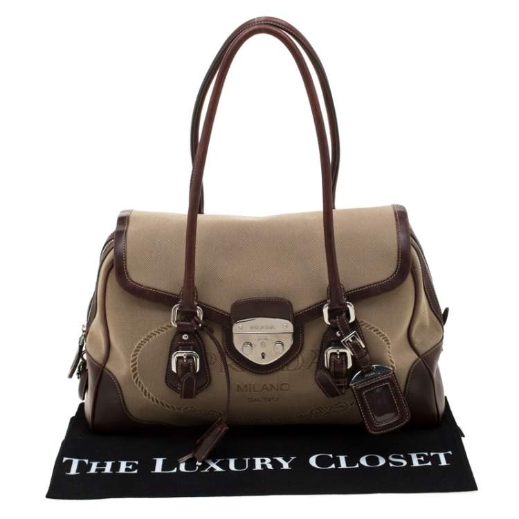 Pre Owned Prada Beige/Brown Canvas and Leather Push Lock Satchel