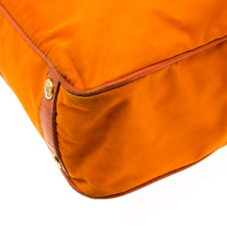Pre Owned Prada Orange Nylon and Leather Lasercut Logo Tote 