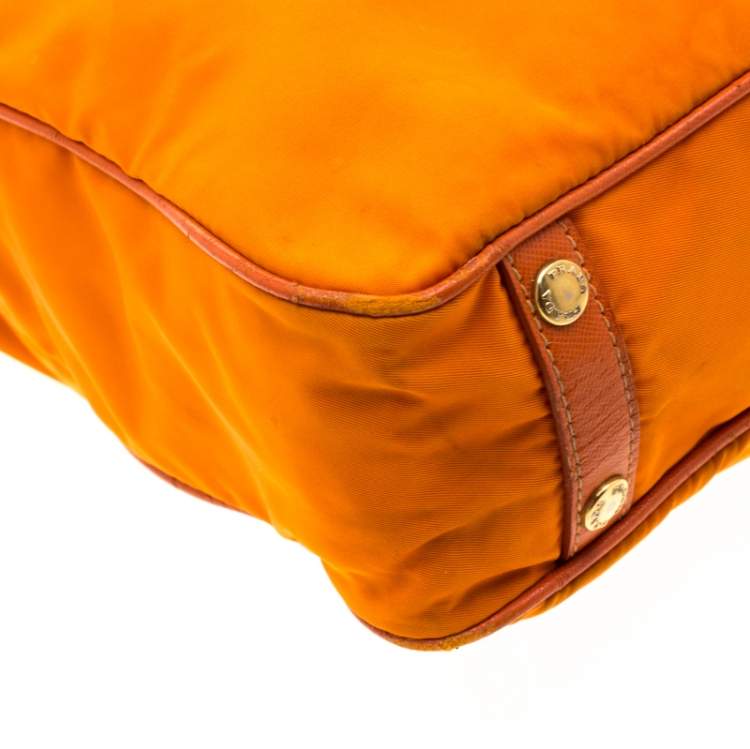 Pre Owned Prada Orange Nylon and Leather Lasercut Logo Tote 