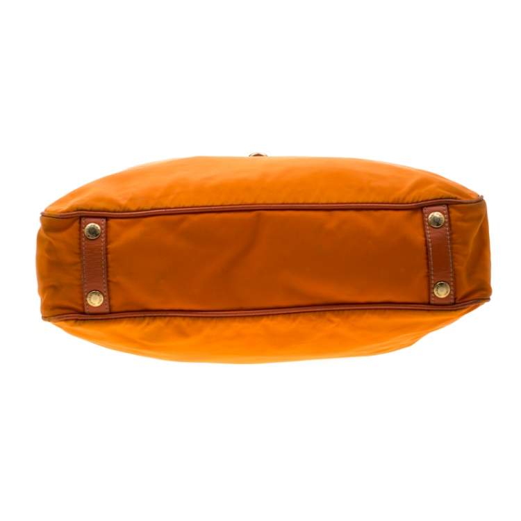 Pre Owned Prada Orange Nylon and Leather Lasercut Logo Tote 