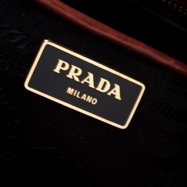 Pre Owned Prada Dark Orange Floral Applique Leather Medium Double Zip Tote