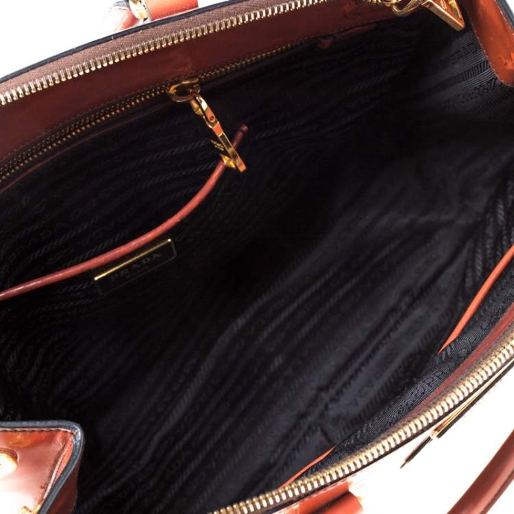 Pre Owned Prada Dark Orange Floral Applique Leather Medium Double Zip Tote