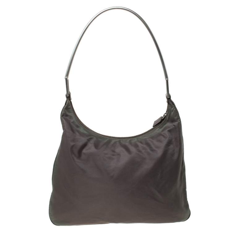 Pre Owned Prada Olive Green Nylon Metal Handle Hobo