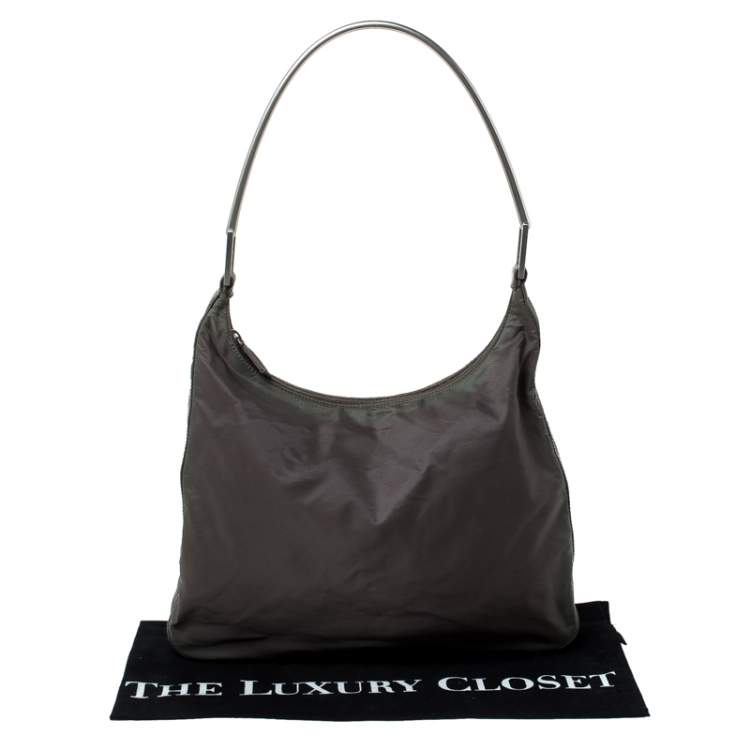Pre Owned Prada Olive Green Nylon Metal Handle Hobo