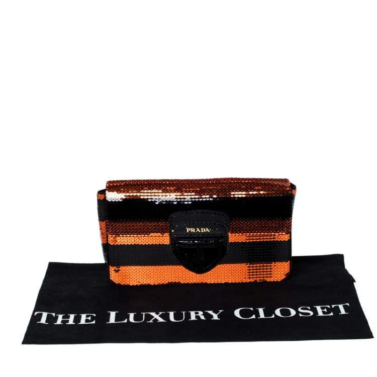 Pre Owned Prada Black/Orange Stripe Sequins Righe Clutch