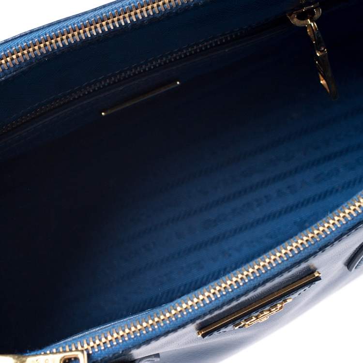 Pre Owned Prada Blue Saffiano Lux Patent Leather Small Double Zip Tote