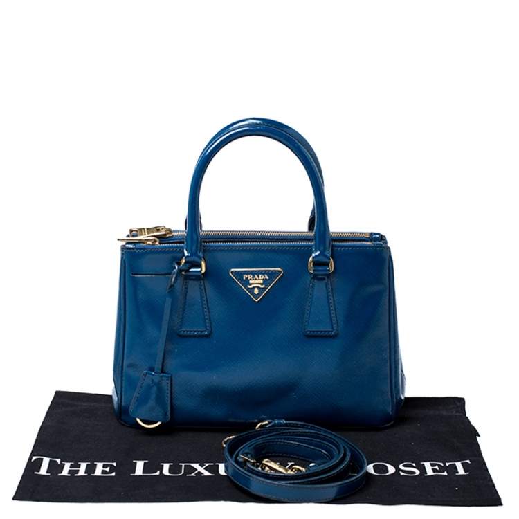 Pre Owned Prada Blue Saffiano Lux Patent Leather Small Double Zip Tote