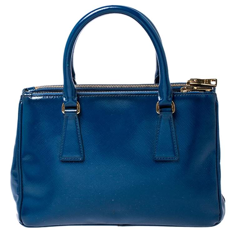 Pre Owned Prada Blue Saffiano Lux Patent Leather Small Double Zip Tote