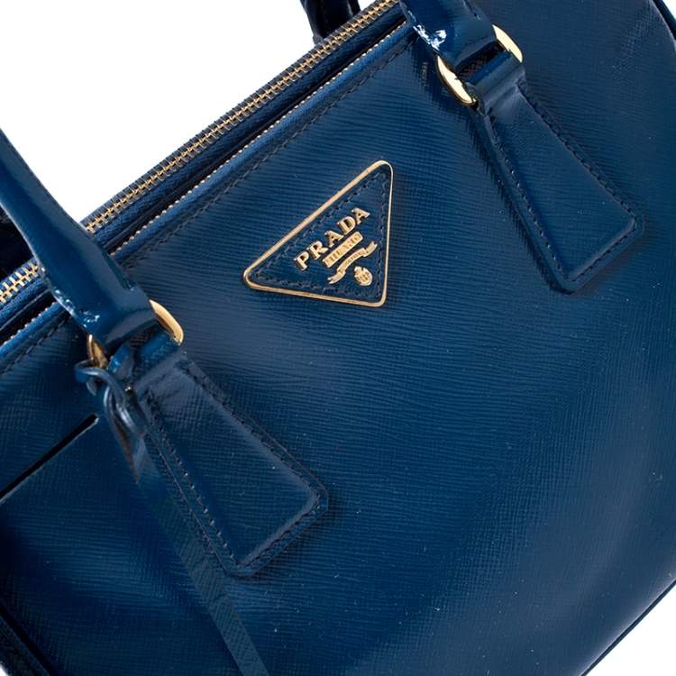 Pre Owned Prada Blue Saffiano Lux Patent Leather Small Double Zip Tote