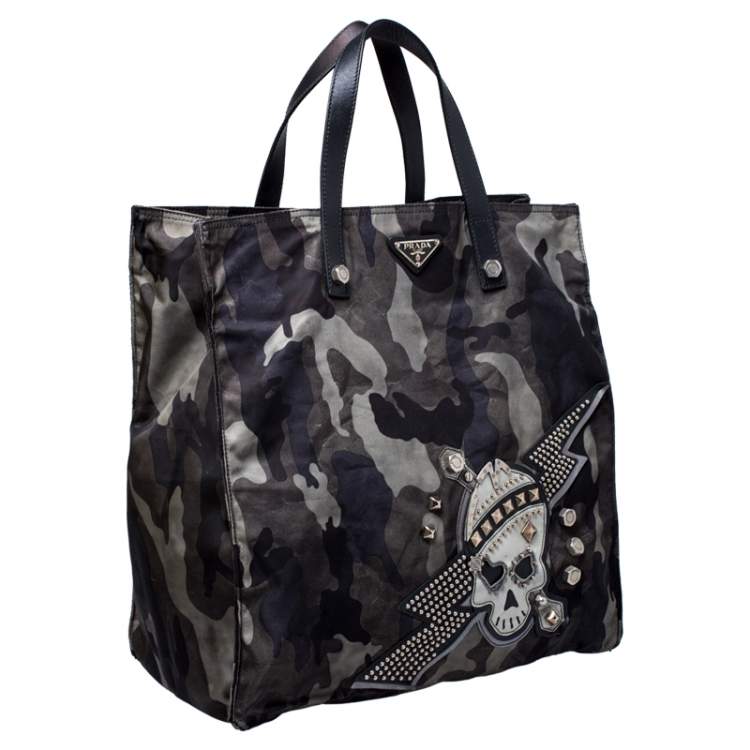 Pre Owned Prada Green Camouflage Nylon Skull Shopper Tote Bag