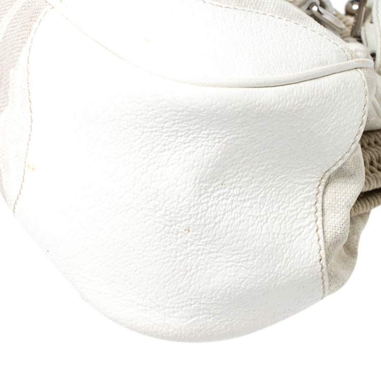 Pre Owned Prada Beige/Cream Canvas and Leather Kiss Lock Satchel