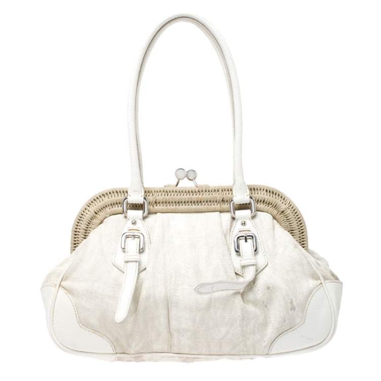 Pre Owned Prada Beige/Cream Canvas and Leather Kiss Lock Satchel