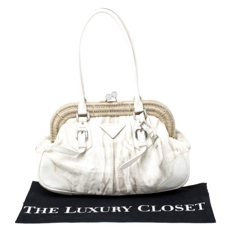 Pre Owned Prada Beige/Cream Canvas and Leather Kiss Lock Satchel