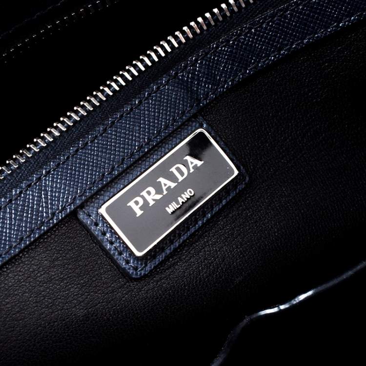 Pre Owned Prada Navy Blue Saffiano Leather Two Way Travel Briefcase
