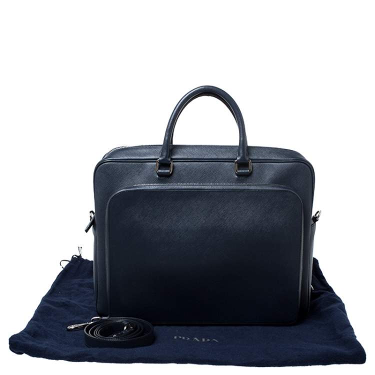 Pre Owned Prada Navy Blue Saffiano Leather Two Way Travel Briefcase