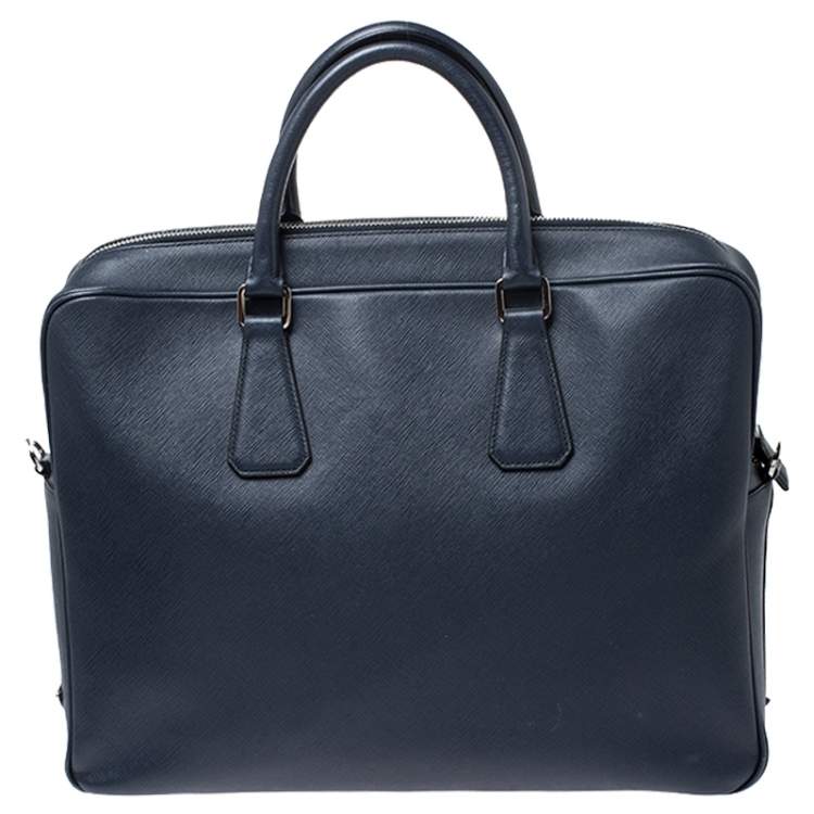 Pre Owned Prada Navy Blue Saffiano Leather Two Way Travel Briefcase