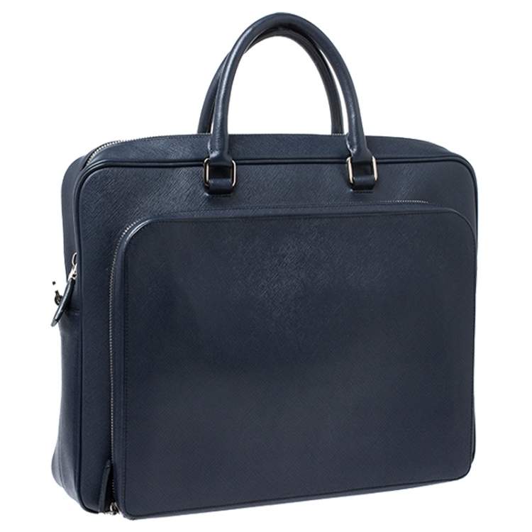 Pre Owned Prada Navy Blue Saffiano Leather Two Way Travel Briefcase