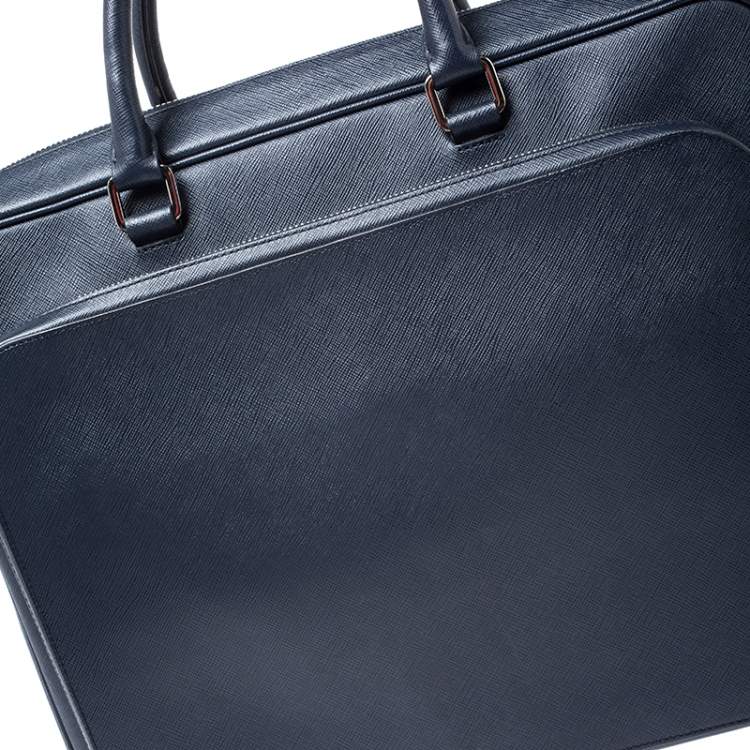 Pre Owned Prada Navy Blue Saffiano Leather Two Way Travel Briefcase