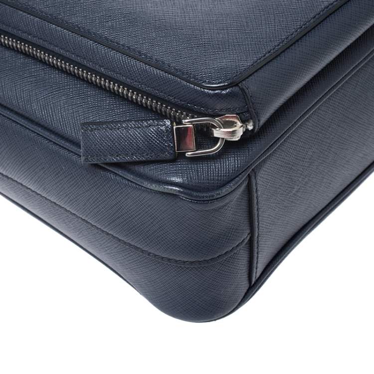 Pre Owned Prada Navy Blue Saffiano Leather Two Way Travel Briefcase