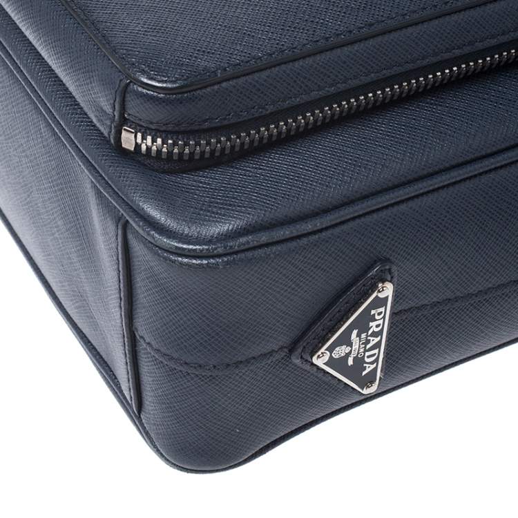 Pre Owned Prada Navy Blue Saffiano Leather Two Way Travel Briefcase