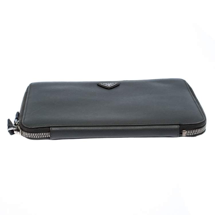 Pre Owned Prada Grey Saffiano Leather Small Zip Around Portfolio