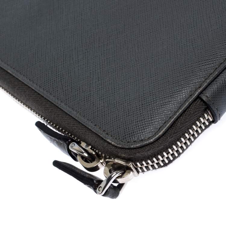 Pre Owned Prada Grey Saffiano Leather Small Zip Around Portfolio