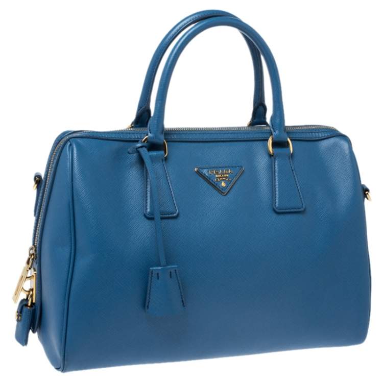 Pre Owned Prada Blue Saffiano Lux Leather Boston Bag