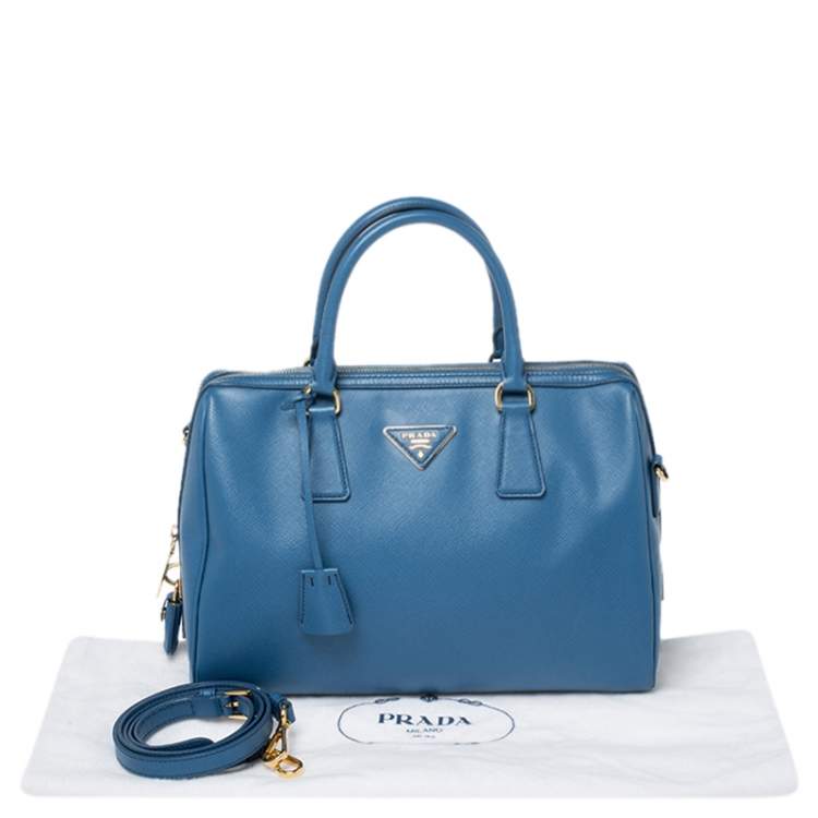 Pre Owned Prada Blue Saffiano Lux Leather Boston Bag