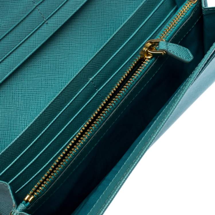 Prada Turquoise Saffiano Lux Leather Zip Around Continental Wallet Prada