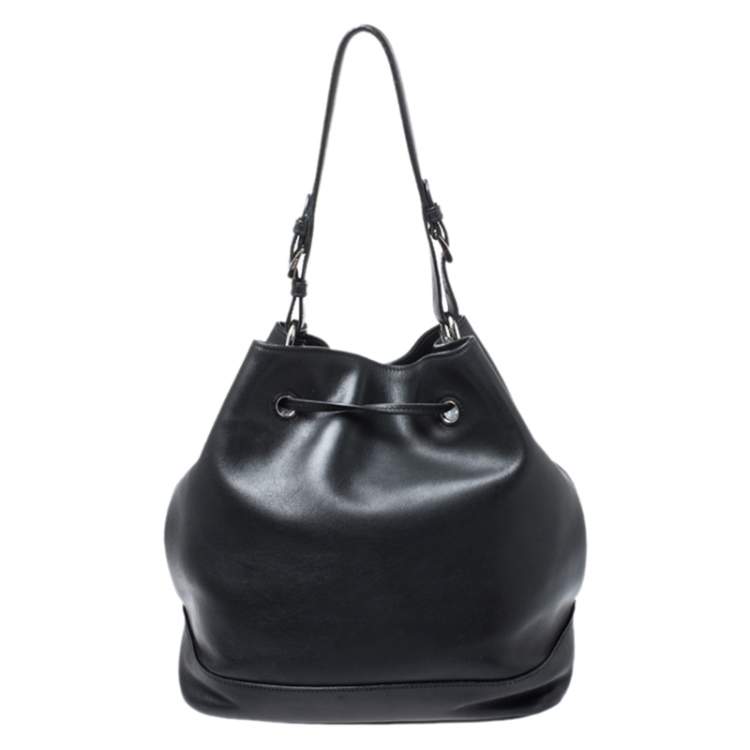 Pre Owned Prada Black Leather Drawstring Bucket Bag