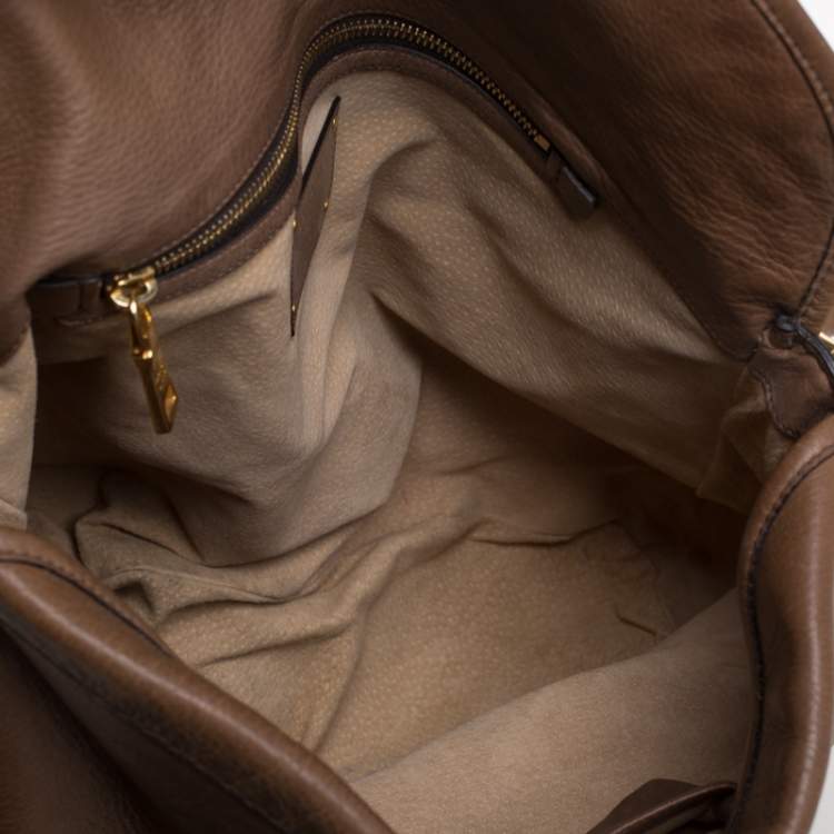 Pre Owned Prada Dark Brown Soft Leather Pushlock Hobo